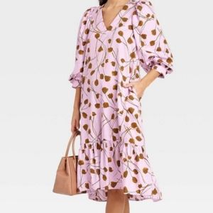 COPY - Floral Puff half Sleeve Ruffle Hem Dress A New Day Purpleish pink sz  M.
